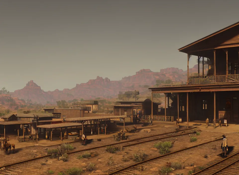 Image similar to a train station as red dead redemption 2 concept art, historical setting, desert environment, serene lighting, atmospheric, cinematic, gorgeous, in the style of diego koi, gina heyer, luiz escanuela, art by alyssa monk, hyperrealism, rule of thirds, golden ratio, oil on canvas, 8 k