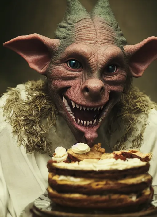 Image similar to closeup portrait of a medieval goblin eating cakes, depth of field, zeiss lens, detailed, symmetrical, centered, fashion photoshoot, by annie leibovitz and steve mccurry, david lazar, jimmy nelsson, breathtaking, 8 k resolution, extremely detailed, beautiful, establishing shot, artistic, hyperrealistic, beautiful face, octane render