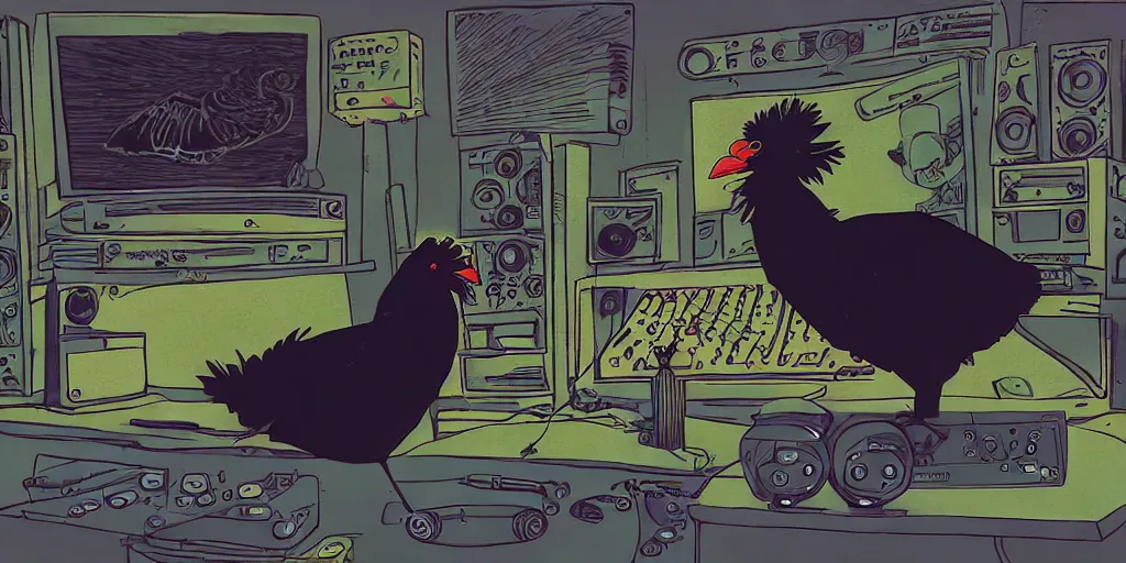 Image similar to 'black chicken'!!! smoking 'cannabis'!!!!!! in front of 'audio console'!!!! and 'multi monitors'!!!! 'in a hi-tech tv broadcasting studio'!!!!, artwork by James Gilleard