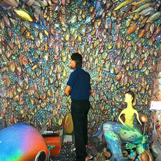 Image similar to a human standing in his garage, covered with iridescent bodypaint, shells and barnacles, 2 0 0 7 motorola cell phone pic