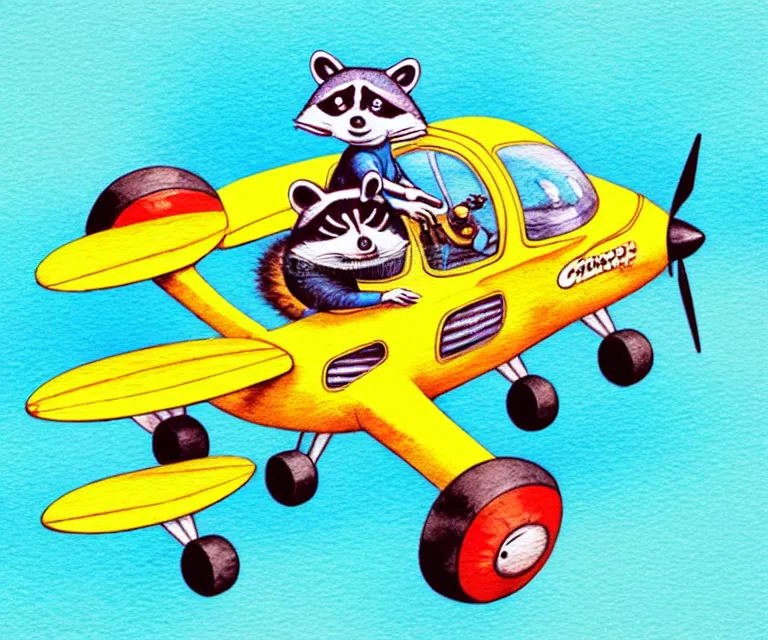 Image similar to cute and funny, racoon riding in a tiny airplane with oversized engines, ratfink style by ed roth, centered award winning watercolor pen illustration, isometric illustration by chihiro iwasaki, edited by range murata, tiny details by artgerm and watercolor girl, symmetrically isometrically centered