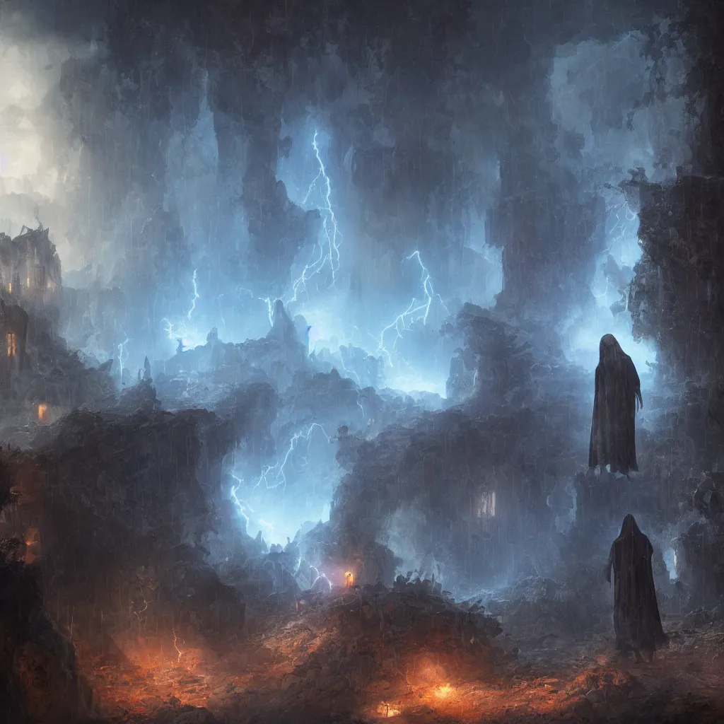 Image similar to a still of a cloaked figure standing in the ruins of crux prime, bree, lantern - lit town, there is lightning, blue fiery maelstrom in the distance, it is raining, digital art, artstationhq