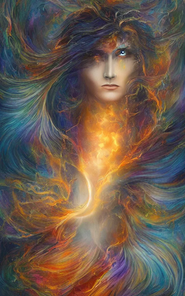 Prompt: iridescent spirit of wrath and beauty cruel beautiful spirit with golden eyes lunar mythos ambient fog, award winning oil painting, lunar color palette