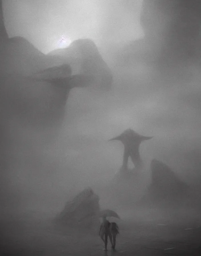 Image similar to very low - resolution found footage of a couple escaping in the city from a starfish kaiju monster, fog, foggy, korean film noir, monochrome, red hue, thriller, underdeveloped, epic, dramatic