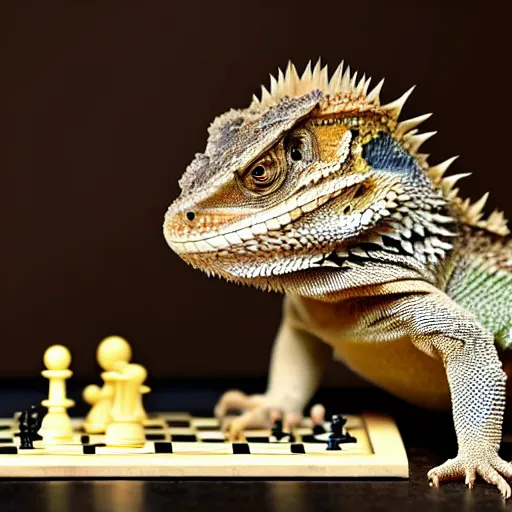 Prompt: a Bearded dragon playing chess, national geographic photo