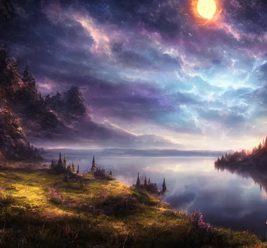 Image similar to lake at deepnight landscape with visible space sky, fantasy artwork, very beautiful scenery, hd, hdr, ue 5, ue 6, unreal engine 5, cinematic 4 k wallpaper, 8 k, ultra detailed, by popular digital artist,