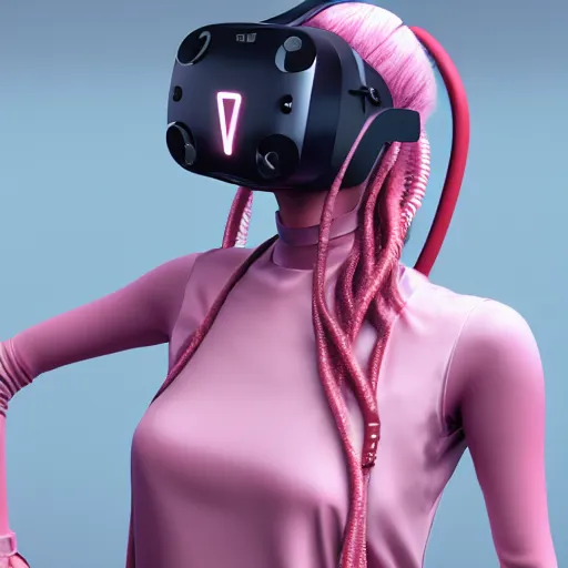 Image similar to intense futuristic bespoke vr headset respirator with long cables like dreadlocks on a set of twin humble hypebeasts, by ilya kuvshinov and james jean and sorayama and ikeuchi and hyein seo and hiroya oku and gilleard james, artstation trending, 8 k, 3 d render, photorealistic, volumetric lighting caustics, pink