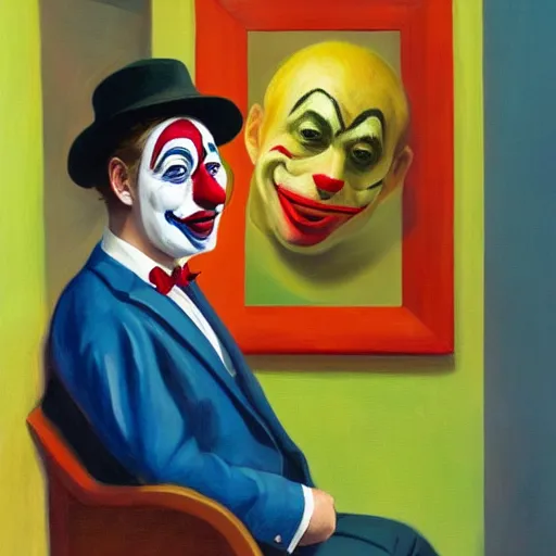 Image similar to a fine art portrait of boris john wearing a clown suit with face paint. in the style of edward hopper, richard hamilton and stanley kubrick.