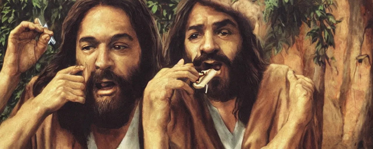 Image similar to jesus christ smoking a blunt, in the style of cheech and chong