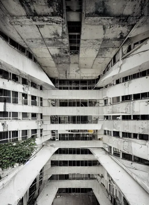 Image similar to “derelict architecture single building , the windows are broken, building designed by architect Oscar Niemeyer, architecture digest, building surrounded in a luxury environment, bright tones, fluorescent lighting,volumetric Lighting, photorealism, high detail, golden ratio, cinematic, octane renderer”