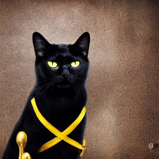 Prompt: a black cat with yellow eyes wearing knight armor, realistic photograph, studio lighting