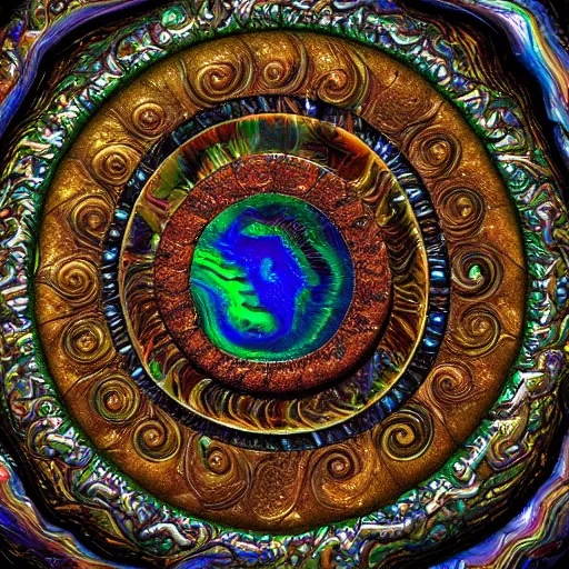 Image similar to Art Nouveau cresting oil slick waves, hyperdetailed bubbles in a shiny iridescent oil slick wave, ammolite, detailed giant opalized ammonite shell, black opal, abalone, paua shell, ornate copper patina medieval ornament, rococo, oganic rippling spirals, octane render, 8k 3D