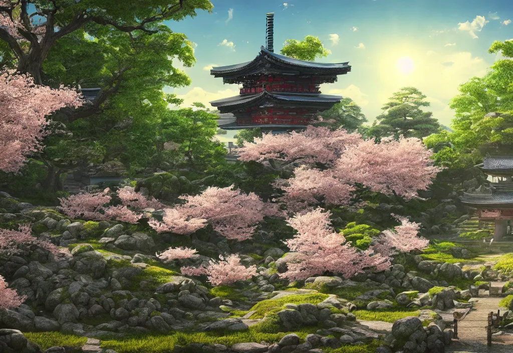 Image similar to An ancient shinto temple from Feudal Japan, cherry blossom trees, temple ruins, plant vegetation, fluffy clouds, sun rays, hyper realistic, high details, vivid colors, intricate details, artstation, octane, 8k