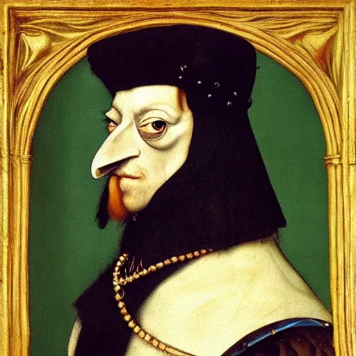 Image similar to a highly detailed renaissance oil painting of a raven dressed as an elegant tudor noble by hans holbein