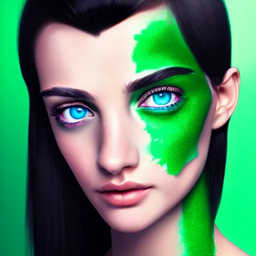 Image similar to photorealistic portrait of beautiful toxic girl, black hair, blue eyes, smooth face, perfect eyes, half body shot, elegant, realistic, glowing skin, detailed face, green colours, sharp focus