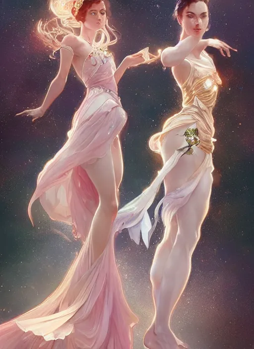 Prompt: a couple made of sparkling crystal, diamond and rose quartz, full body view, beautiful high quality realistic fantasy art, trending on artstation by artgerm and greg rutkowski and alphonse mucha