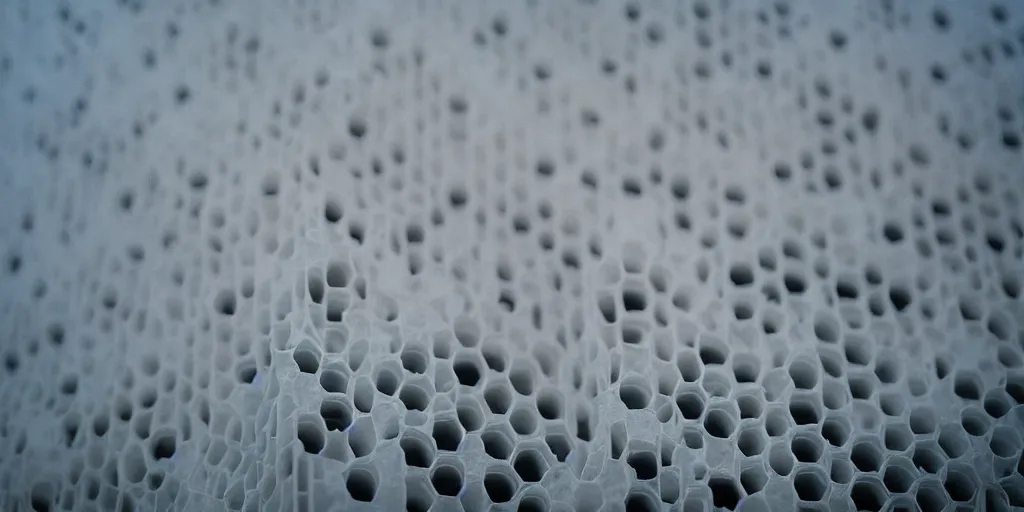 Prompt: real white honeycomb organic building, film still from the movie directed by denis villeneuve aesthetic with art direction by zdzisław beksinski, telephoto lens, shallow depth of field