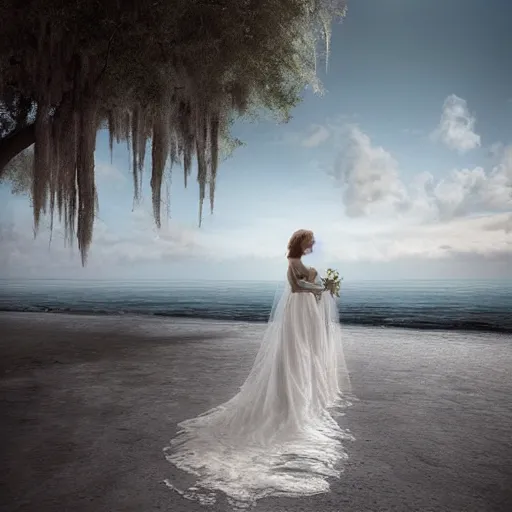 Image similar to Southern Gothic scene of a bride looking the distant shore, painted by Michal Karcz