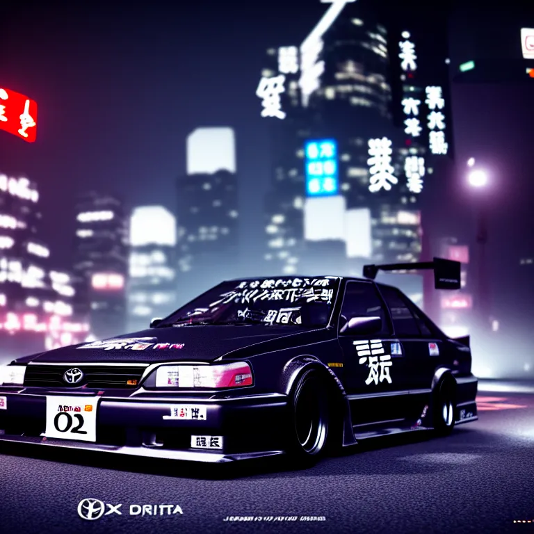 Image similar to Toyota JZX90 Drift, detailed-wheels, Shibuya prefecture, cinematic lighting, photorealistic, night photography, octane render