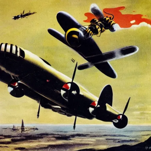 Prompt: a bumblebee painted b 2 9 bomber drops a bomb onto a sleeping soldier, ww 2 propaganda poster, highly detailed, no text