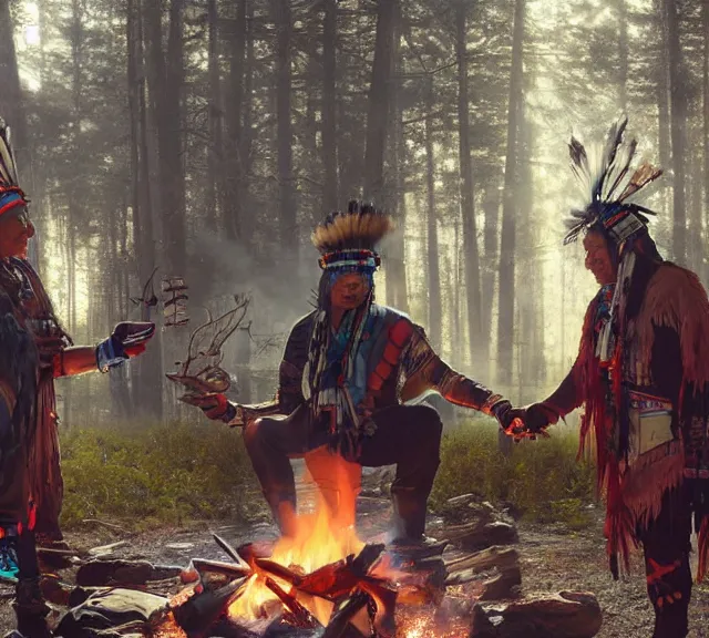 Prompt: a cybernetic man from the future is shaking hands with a native american man in traditional headress, lighting from a campfire in, mutual respect, by greg rutkowski, by ilya repin, extreme detail, 8 k, wide shot