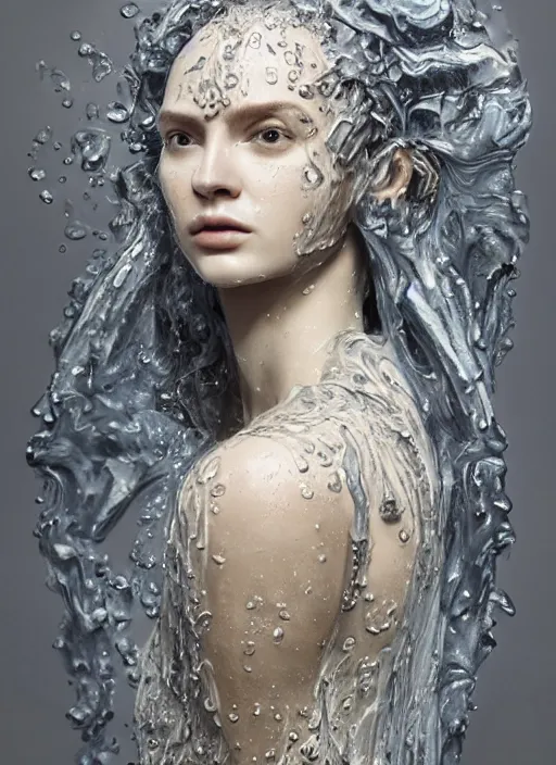 Image similar to sculpture made of water, portrait, female, future, shaman, harper's bazaar, vogue, magazine, insanely detailed and intricate, concept art, close up, wet, ornate, luxury, elite, elegant, trending on artstation, by ruan jia, by Kenneth Willardt, by ross tran, by WLOP, by Andrei Riabovitchev,