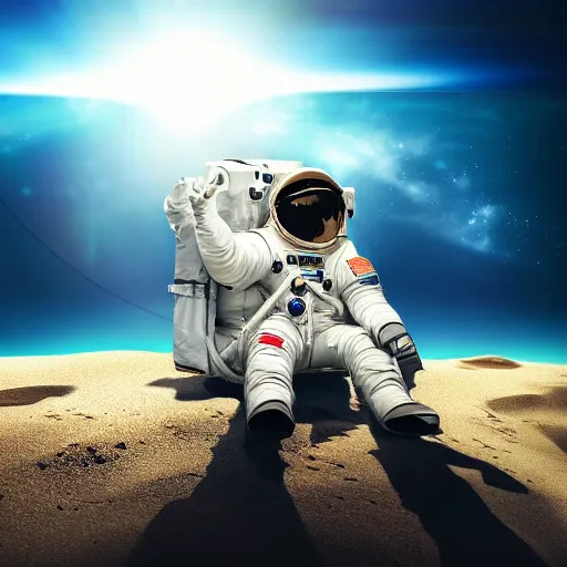 Image similar to an astronaut lounging in the beach, dramatic lighting, cinematic, extremly high detail, photorealistic, cinematic lighting, nasa footage