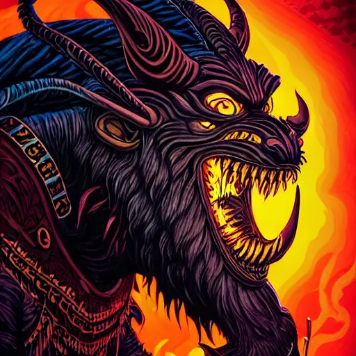 Image similar to side profile of barong family member, wiwek, mara demon, one single tribe member, jungle, one single mask, dark, ancient warrior, werewolf, tribal, inner glow, art by dan mumford and justin gerard