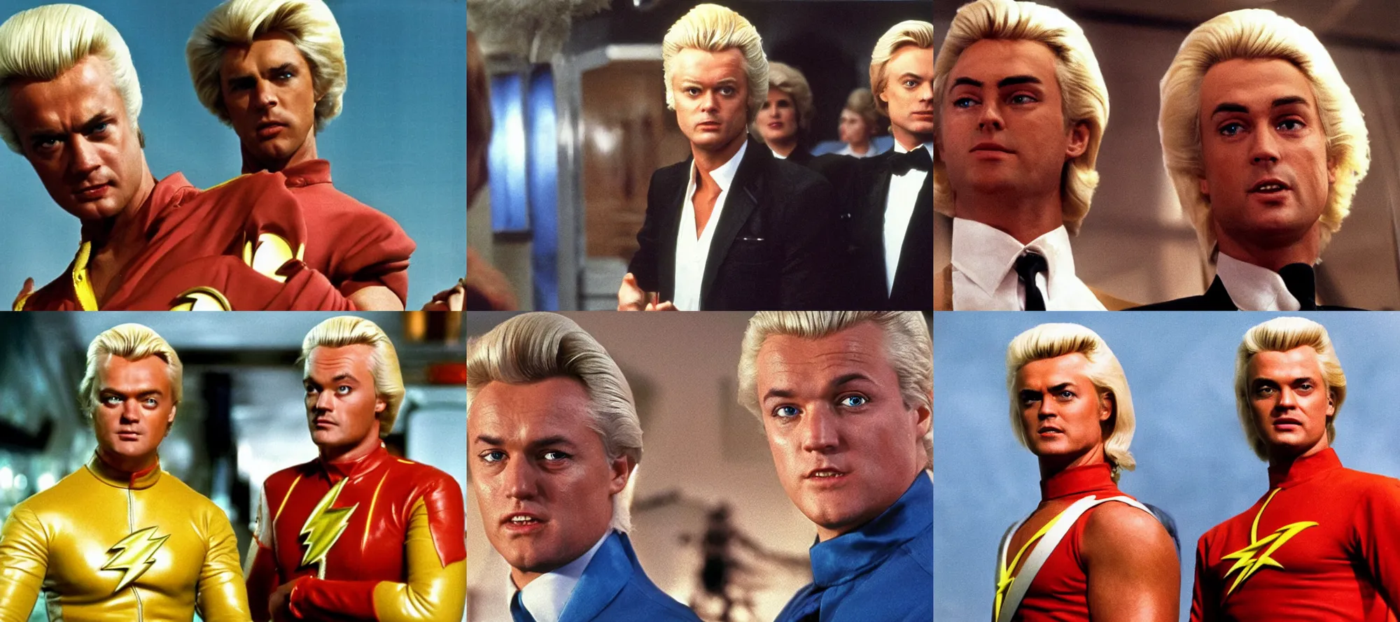 Prompt: Geert Wilders as Flash Gordon, Flash Gordon 1980 directed by Mike Hodges, cinémascope