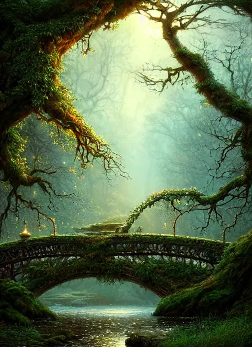 Prompt: old bridge with ivy, fantasy forest landscape, fantasy magic, light night, intricate, elegant, sharp focus, illustration, highly detailed, digital painting, concept art, matte, art by wlop and artgerm and ivan shishkin and andrey shishkin, masterpiece