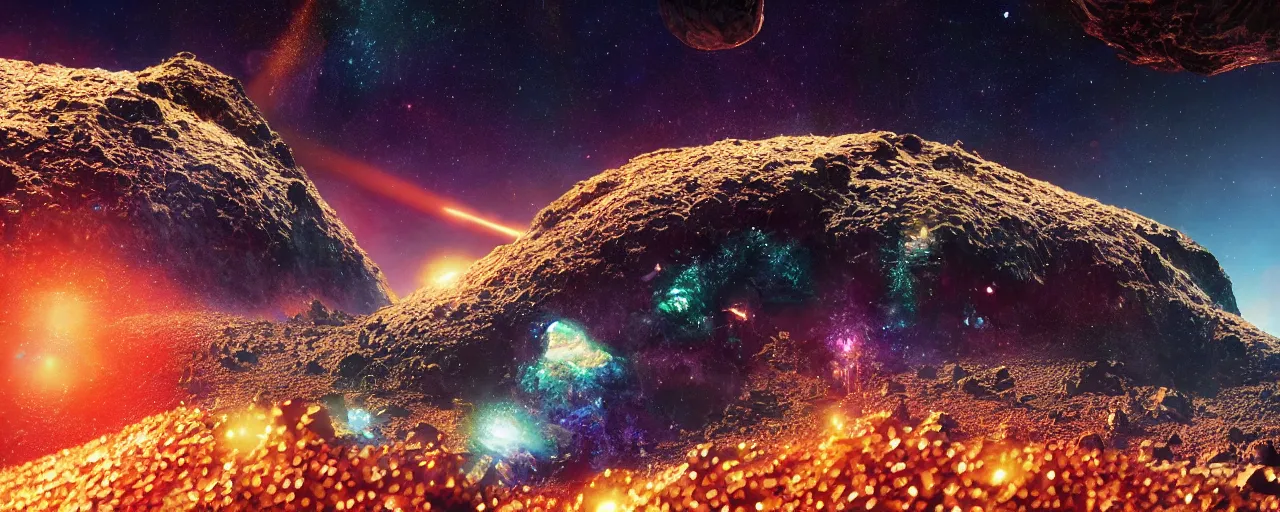 Prompt: ” asteroid made of shiny diamonds and crystals, [ shards, facets, by paul lehr, cinematic, detailed, epic, widescreen, opening, establishing, mattepainting, photorealistic, realistic textures, octane render ] ”