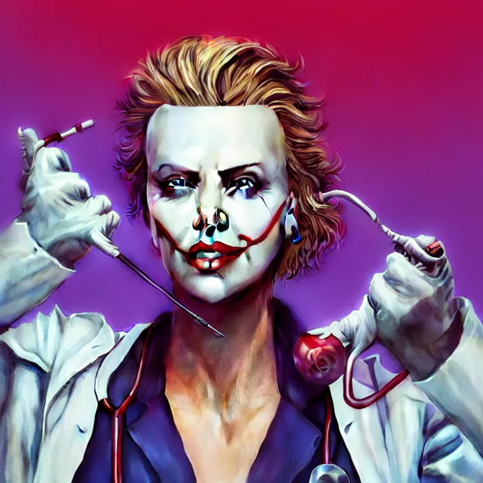 Prompt: portrait of charlize theron as a nurse joker. intricate abstract. intricate artwork. by tooth wu, wlop, beeple, dan mumford. octane render, trending on artstation, greg rutkowski very coherent symmetrical artwork. cinematic, hyper realism, high detail, octane render, 8 k, iridescent accents