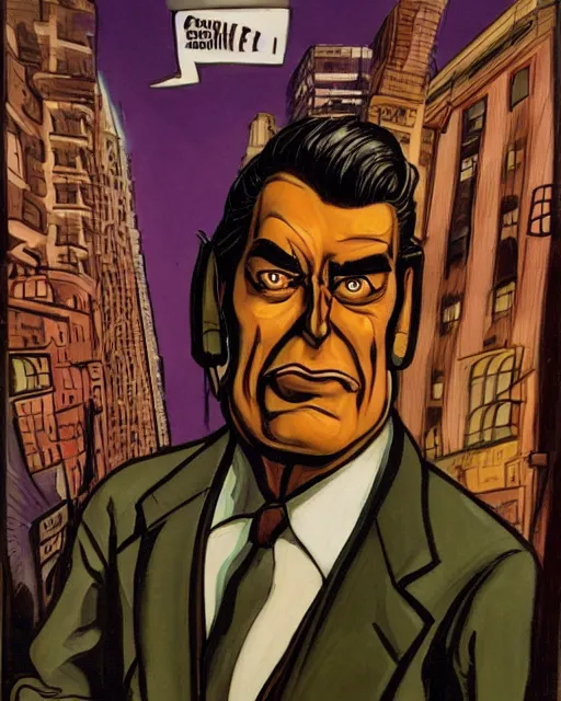 Prompt: portrait, center focus, sinister smug male antagonist in suit, uptown finance city street, artwork by ralph bakshi