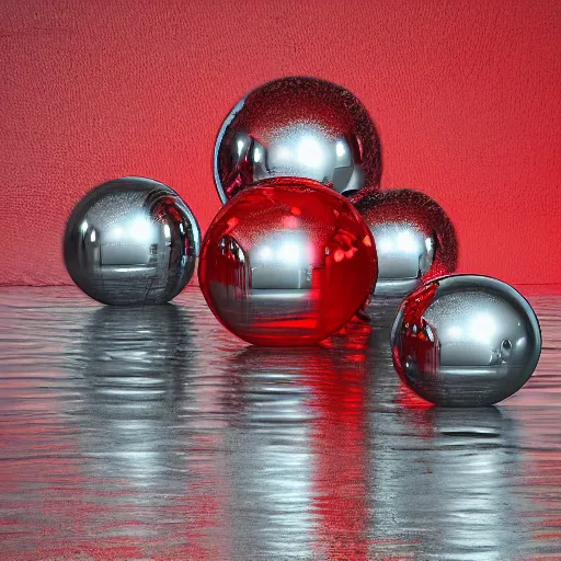Prompt: chrome spheres on a red cube by david willardson