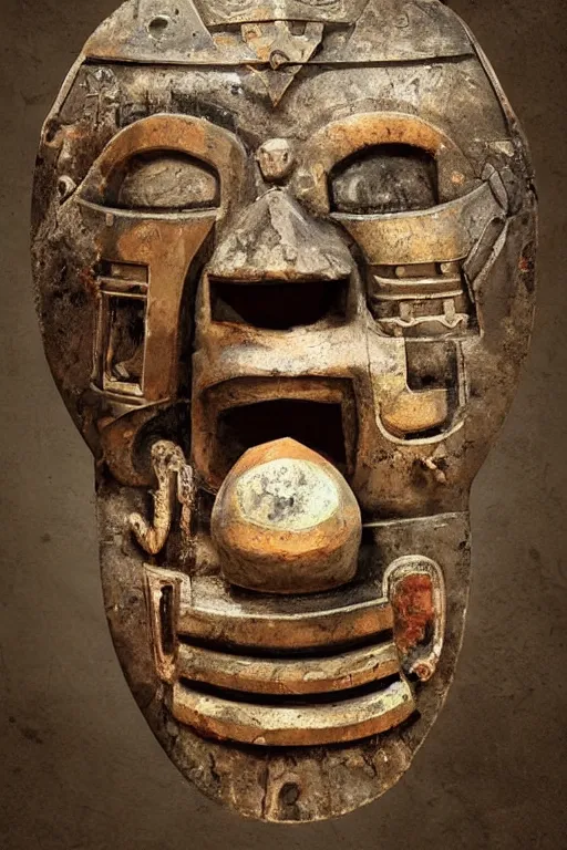 Image similar to an beautiful abstract ancient mask with wide open mouth, vomiting electric waste and trash, hyper-realistic environment, Epic concept art