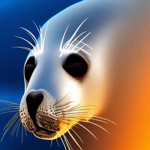 Image similar to arctic seal staring into the eyes of a beautiful man with brown curly hair, high cheek bones, small nose and blue eyes, golden sunset in the background, side profile view, high detail, cinematic, digital art