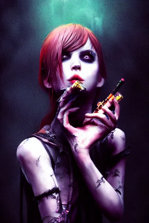 Image similar to Gothic girl smoking a fractal cigarette, dark background. digital art. amazing quality. perfect lighting. Professional design. Great composition. by Bill Sienkiewicz and Tomoyuki Yamasaki and Tsutomu Nihei, octane render, award winning art. impressive colors. trending on artstation. by RHADS