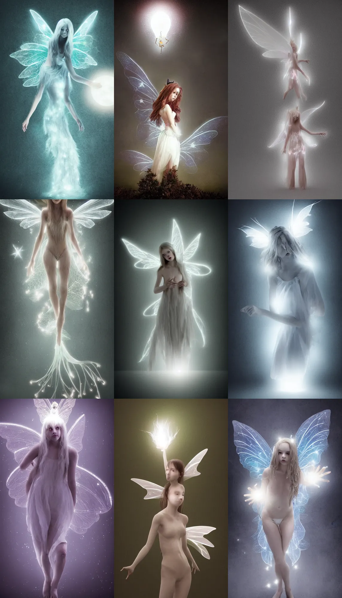 Prompt: fairy creature, white light, realistic, horror