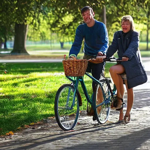 Prompt: a couple on bicycles in the park by Viktor Tsvetkov