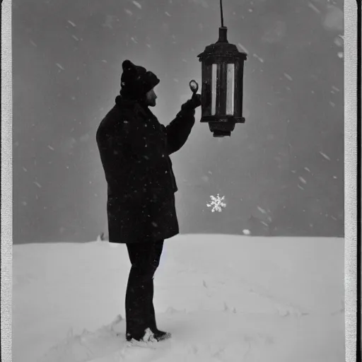Prompt: a man holds a lantern, snowstorm, cold, vintage photo