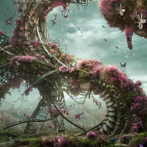 Prompt: intricate bio - mechanical flowers intertwined with human bio - mechanical organs, intricate environment, matte painting, cinematic, epic composition, highly detailed, atmospheric, wide angle, artstation trending