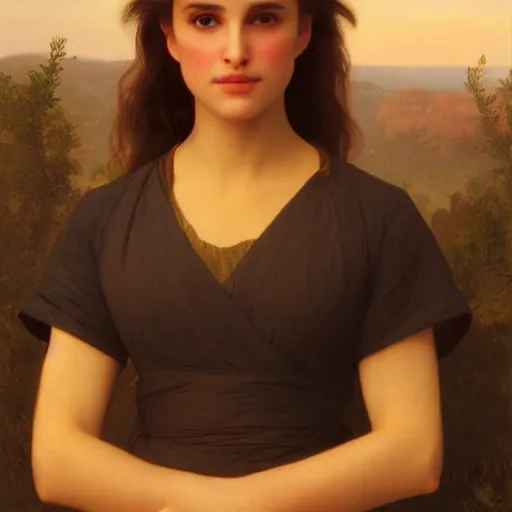 Image similar to Painting of young Natalie Portman. Art by william adolphe bouguereau. During golden hour. Extremely detailed. Beautiful. 4K. Award winning.