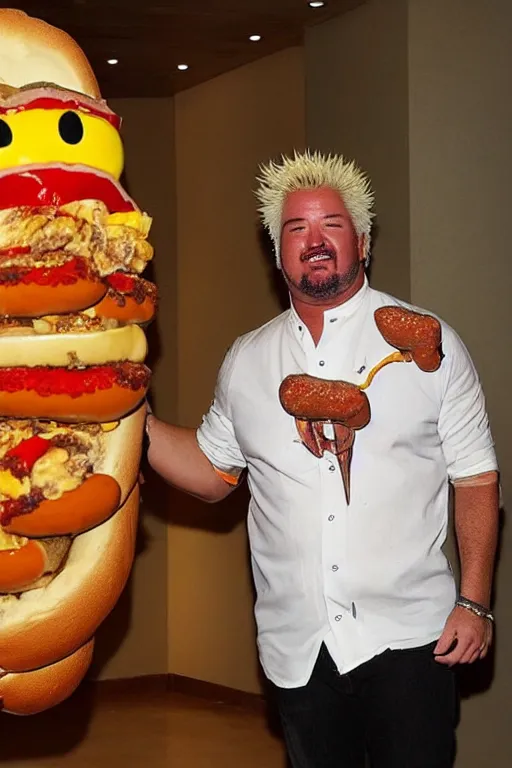 Image similar to a grainy photo of Guy Fieri standing in a hallway holding an enormous hot dog in a bun