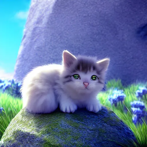 Prompt: ! dream a wholesome animation key shot of a kitten on a hill, simetrical medium shot, studio ghibli, pixar and disney animation, sharp, rendered in unreal engine 5, anime key art, bloom, dramatic lighting