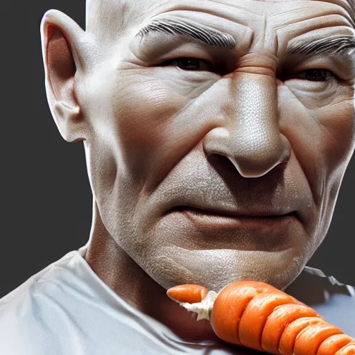 Image similar to hyperrealistic film still of patrick stewart fused with a carrot, tall carrot body, stunning 3 d render, inspired by istvan sandorfi & greg rutkowski & unreal engine, perfect symmetry, dim volumetric cinematic lighting, 8 k octane comprehensive render, extremely hyper - detailed, incredibly lifelike attributes, intricate, real flesh texture, masterpiece, artstation, stunning,