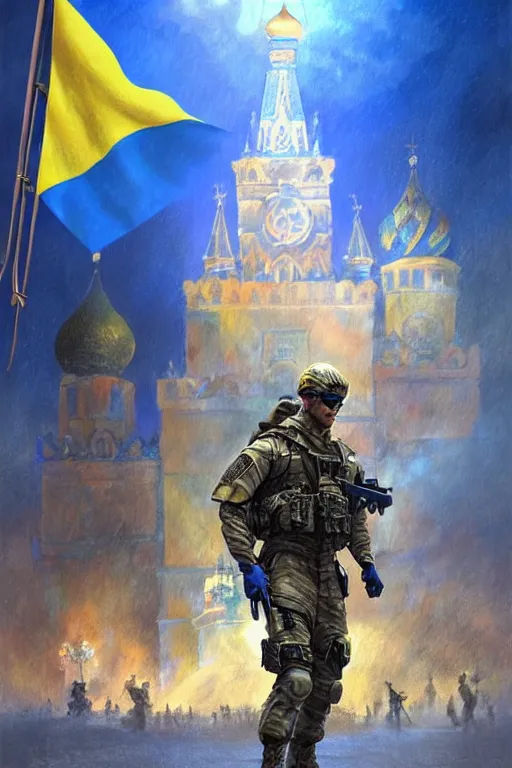 Image similar to special forces soldier raising ukrainian blue and yellow flag on red square kremlin, masculine figure, d & d, fantasy, bright atmosphere, volumetric lights, intricate, elegant, extremely detailed, digital painting, artstation, concept art, matte, smooth, sharp focus, hyper realistic, illustration, art by artgerm and greg rutkowski and alphonse mucha