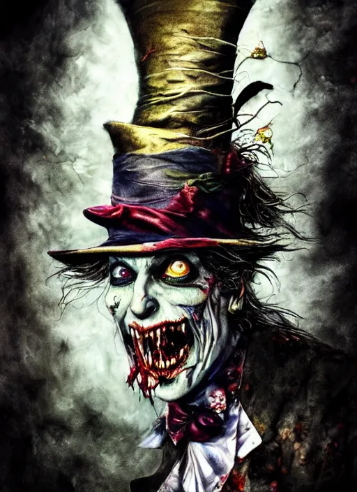 Image similar to portrait, Zombified mad hatter eating the white rabbit, watercolor, dramatic lighting, cinematic, establishing shot, extremly high detail, foto realistic, cinematic lighting, pen and ink, intricate line drawings, by Yoshitaka Amano, Ruan Jia, Kentaro Miura, Artgerm, post processed, concept art, artstation, matte painting, style by eddie mendoza, raphael lacoste, alex ross