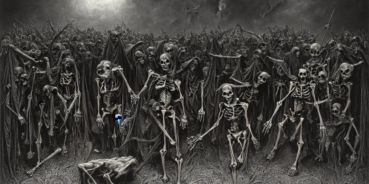 Image similar to satanic skeleton gang emerge from the cemetery on a dark night by zdzisław beksinski and gustave dore and alphonse mucha