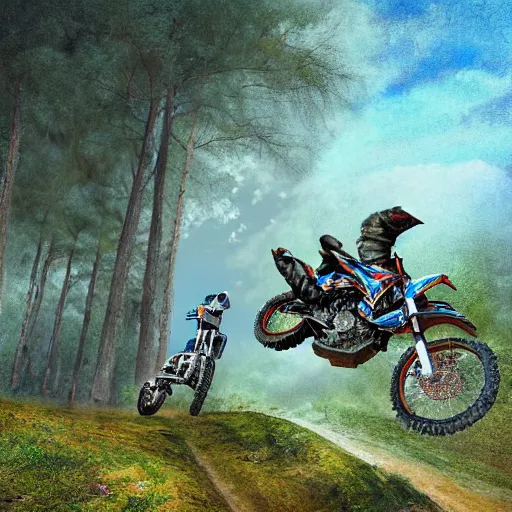 Prompt: detailed surreal digital painting of an off road motorcycle race moment, epic rider crash in the middle of a mountain view from a side, ktm, forest