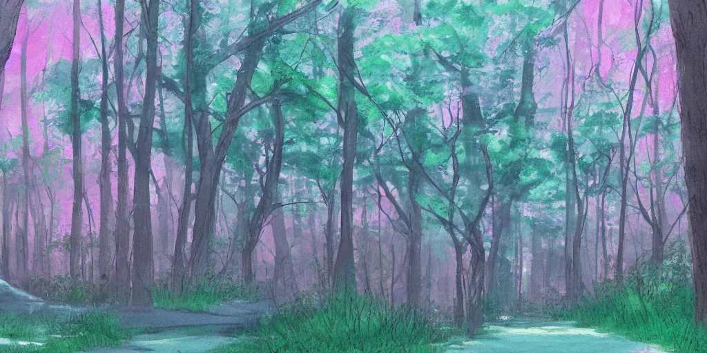 Image similar to path through a wide forest, modern contemporary, lanterns. pastel!! watercolor art, expansive cinematic view, volumetric shading, intricate and detailed, highly saturated colors. by madeon. breath of the wild style, by hayao miyazaki ghibli!!!. pink!! accents. trending on artstation. award winning